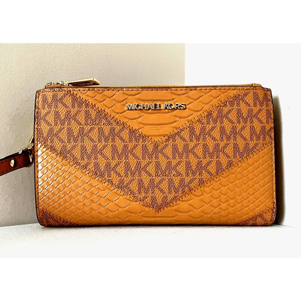 New Michael Kors Jet Set Travel Double Zip Wristlet Wallet Leather Croc Cider